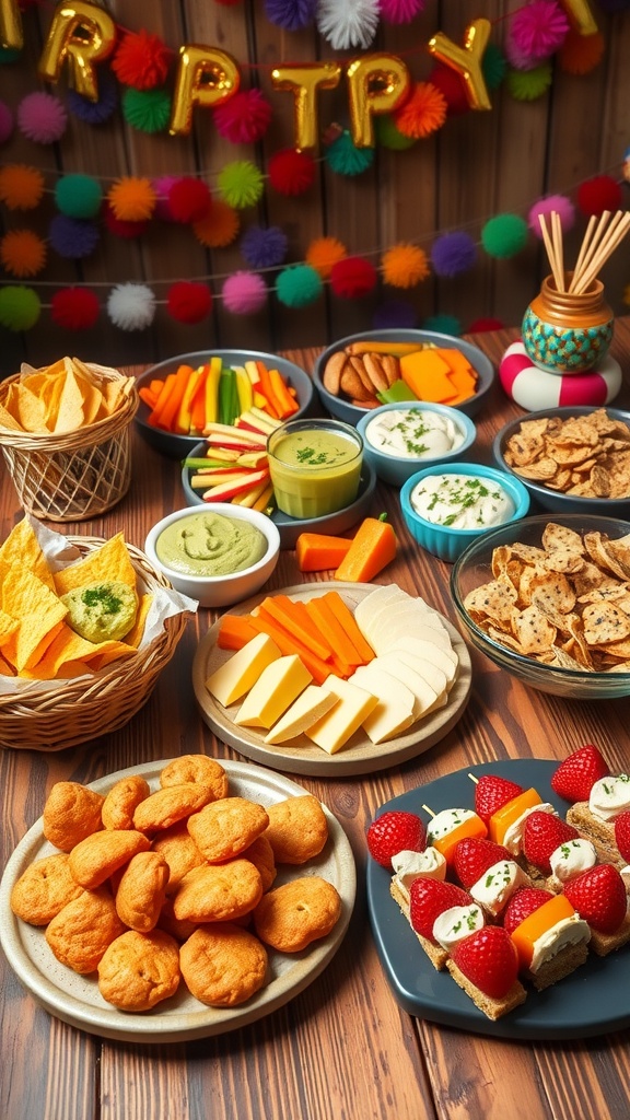 A colorful array of party snacks including chips with dip, veggie sticks, cheese platter, mini sliders, and fruit skewers on a festive table.